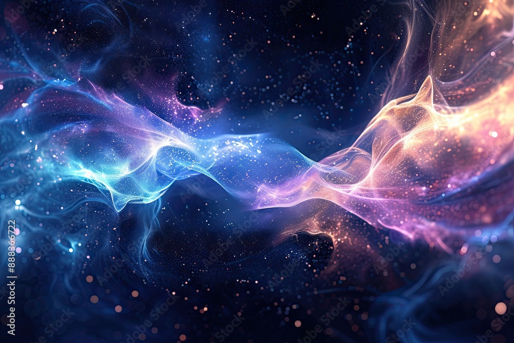 Poster vibrant cosmic nebulae, glowing ethereal energy, background showcasing the concept of wave-particle 