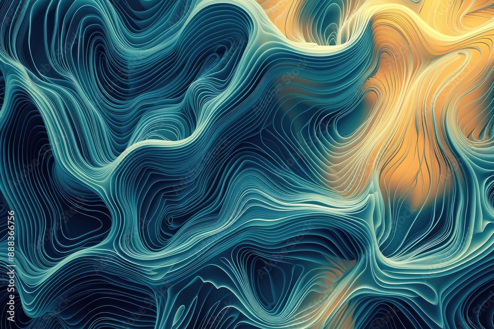 Poster Undulating blue fabric, silky texture, wave-like pattern, background showcasing the interference patterns of waves