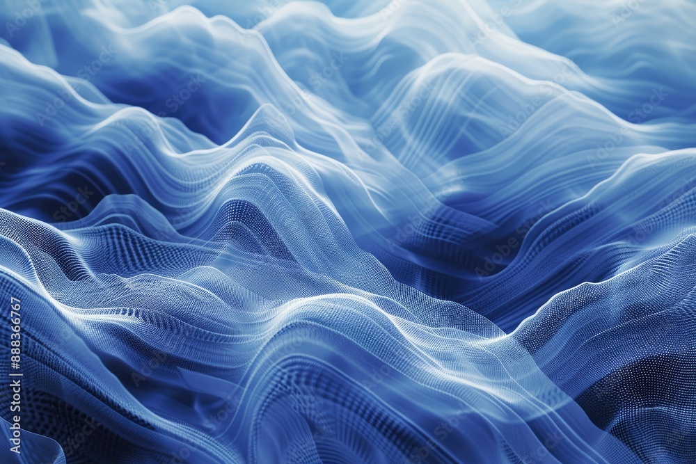 Poster Undulating blue fabric, silky texture, wave-like pattern, background showcasing the interference patterns of waves