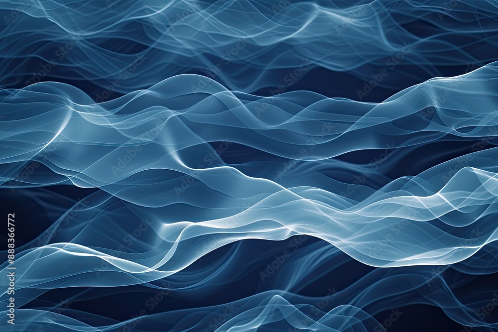Poster Undulating blue fabric, silky texture, wave-like pattern, background showcasing the interference patterns of waves