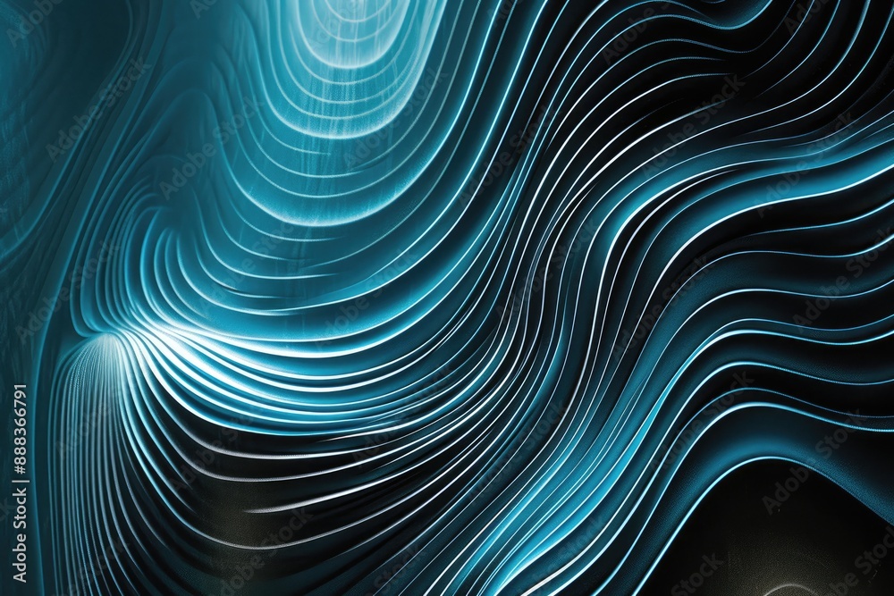 Poster Undulating blue fabric, silky texture, wave-like pattern, background showcasing the interference patterns of waves