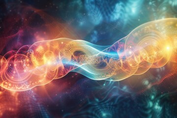 Vibrant cosmic nebulae, glowing ethereal energy, background showcasing the concept of wave-particle duality