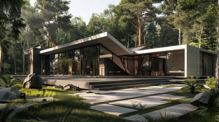 Obraz premium Modern suburban farmhouse with a sleek, geometric design, nestled in a lush forest clearing
