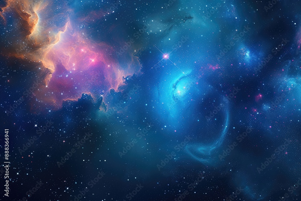 Poster starry, nebulous cosmic clouds, celestial background with floating constellations and nebulae