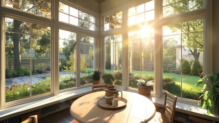 Fototapeta premium sunny breakfast nook in a suburban farmhouse, with large windows overlooking the backyard and a round wooden table