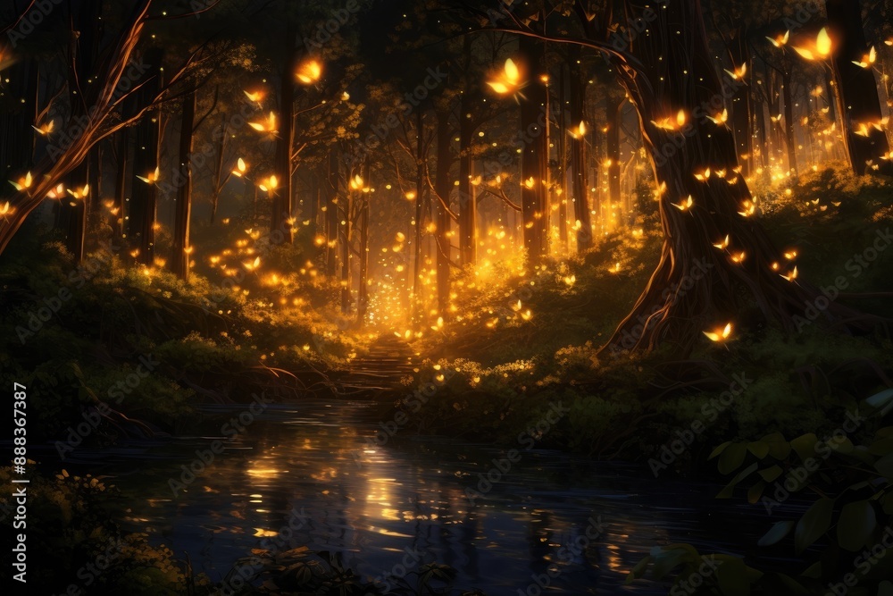 Aufkleber enchanting, luminescent forest scene, cluster of fireflies creating magical evening glow