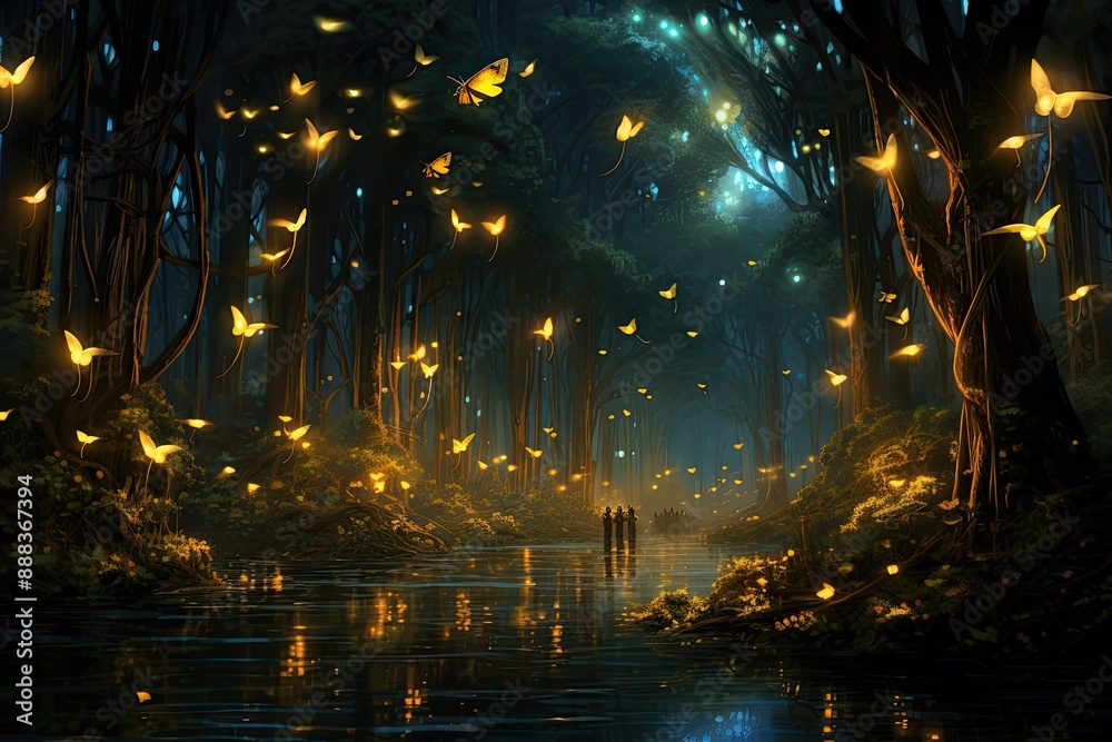 Aufkleber enchanting, luminescent forest scene, cluster of fireflies creating magical evening glow