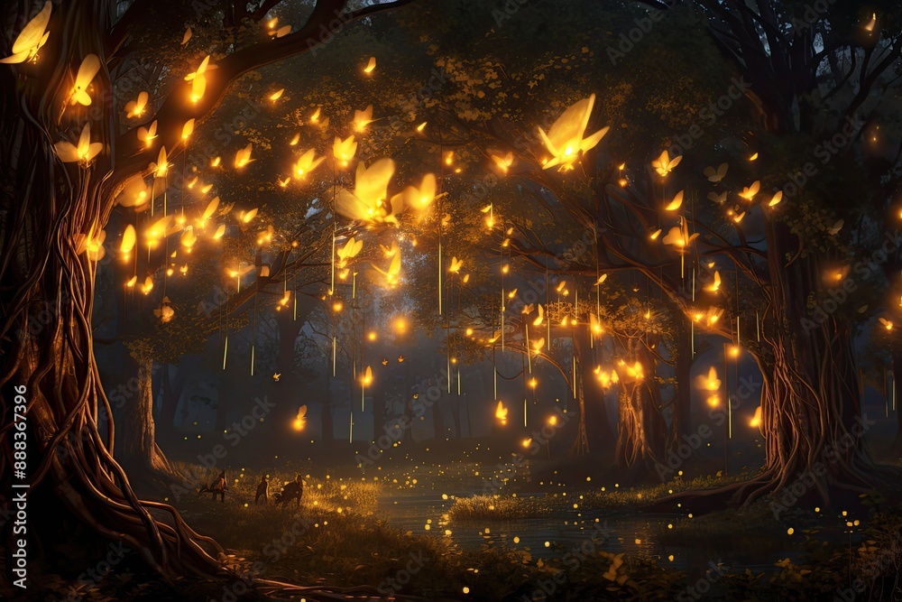 Aufkleber enchanting, luminescent forest scene, cluster of fireflies creating magical evening glow