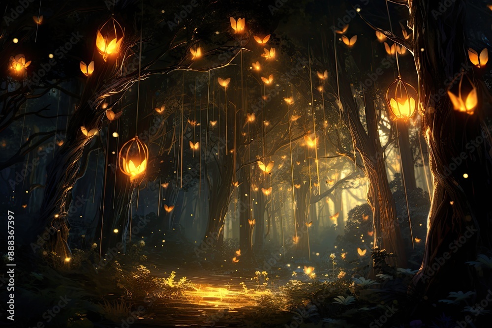 Aufkleber enchanting, luminescent forest scene, cluster of fireflies creating magical evening glow