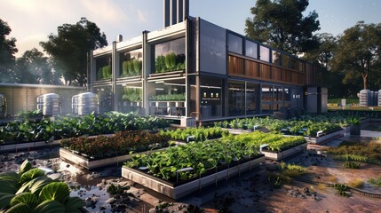 Modern suburban farmhouse with a fully automated garden, hydroponics and vertical farming technologies visible