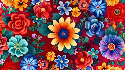 Intricate floral patterns set against a rich, vibrant backdrop, highlighting themes of beauty, complexity, and artistic brilliance depicted through a kaleidoscopic explosion of colors.