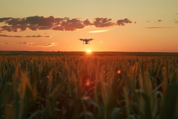 Drone flying over cornfield capturing data at sunset