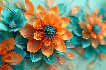 Abstract floral art in orange and teal, 3D paper quilling style, full ultra HD render.