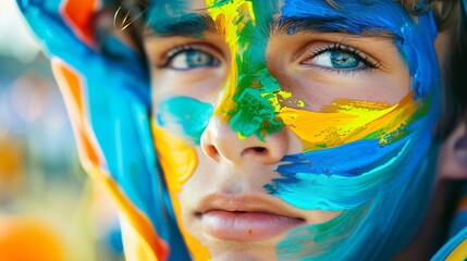 Fototapeta premium Young boy covered in paint showing artistic expression