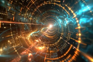 Swirling cosmic black hole, depiction of special relativity, emphasizing time dilation and length contraction