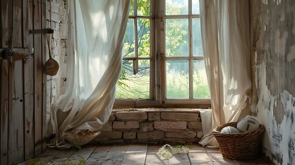 A linen cloth window rustic old wooden interior room with basket of football