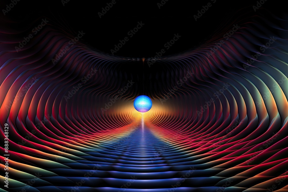 Poster vibrant, glowing orb amidst wavy lines, doppler effect visualization showcasing the shift in frequen