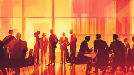 Illustration of a group of business professionals in a productive discussion at a conference meeting