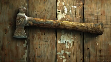An old-fashioned hatchet with a wooden handle resting against weathered wooden planks, symbolizing past labor and rugged hand tools used in traditional settings.