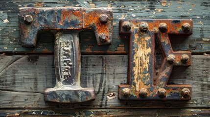 A photo of a rusty iron forge hammer mounted on an old wooden plank, showcasing deteriorating textures and aged materials in a rustic and industrial style.