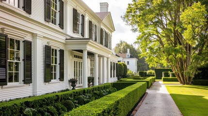 Naklejka premium elegant suburban farmhouse with a classic white exterior, black shutters, and a neatly trimmed hedge lining the walkway
