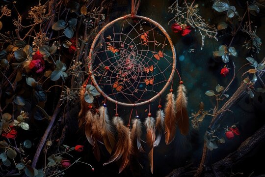 Handcrafted, intricate dreamcatcher with feathers., dream catcher trapping various symbols of dreams - Powered by Adobe