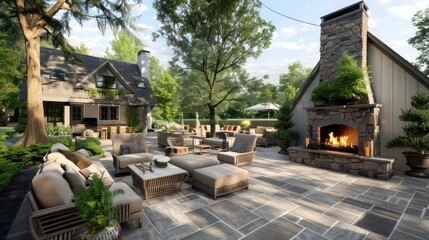 suburban farmhouse with a large stone patio featuring an outdoor fireplace, comfortable seating, and surrounded by mature trees