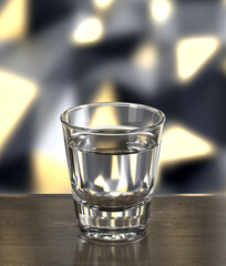 Shot glass with vodka on wooden table against wall with spotlights. Bar theme. Dark environment. 3d rendering.