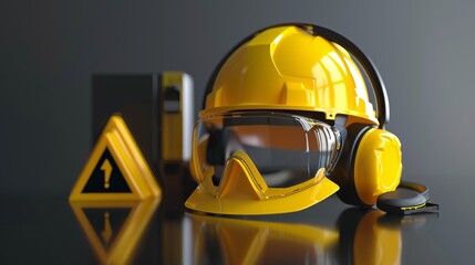 A yellow hard hat with safety goggles and noise-canceling headphones on a black background, symbolizing the importance of protective gear in industrial settings.