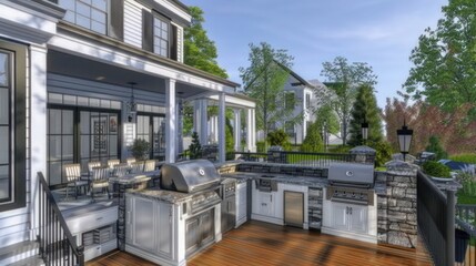 Fototapeta premium suburban farmhouse with a large back deck featuring a luxury outdoor kitchen, complete with a built-in BBQ, refrigerator, and stone countertops