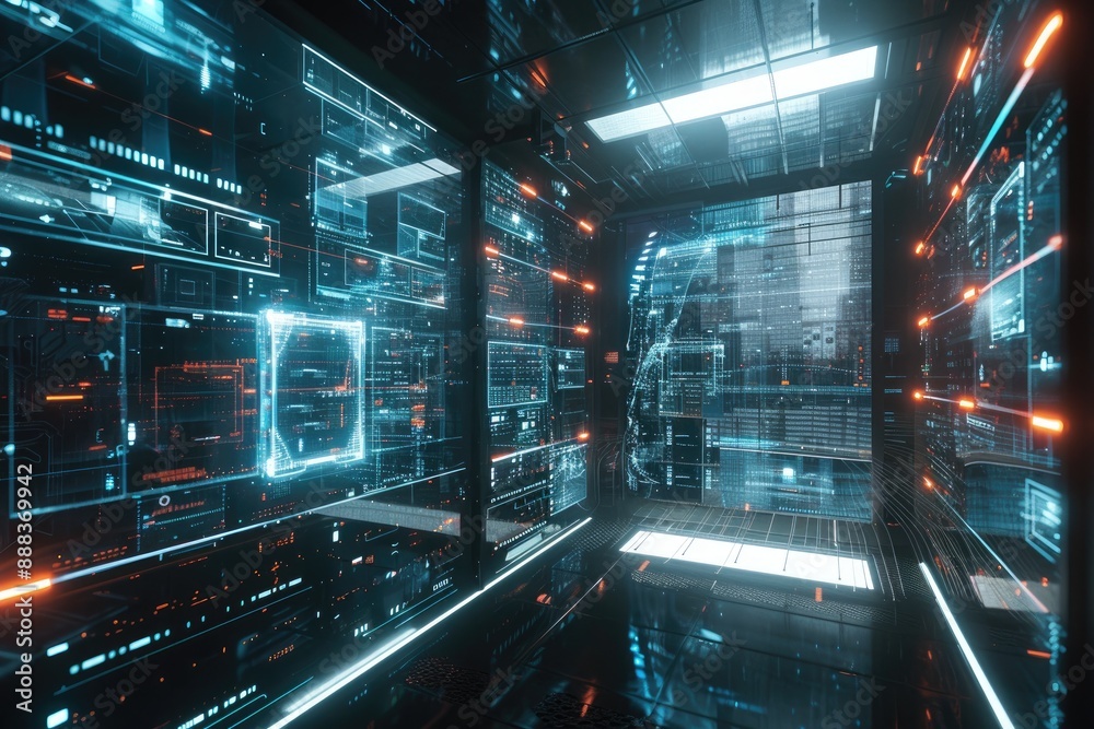 Aufkleber futuristic white humanoid robots, ai operating systems moving through futuristic datcenter