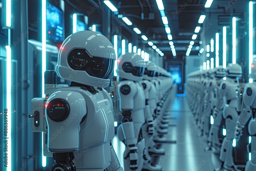 Aufkleber futuristic white humanoid robots, ai operating systems moving through futuristic datcenter