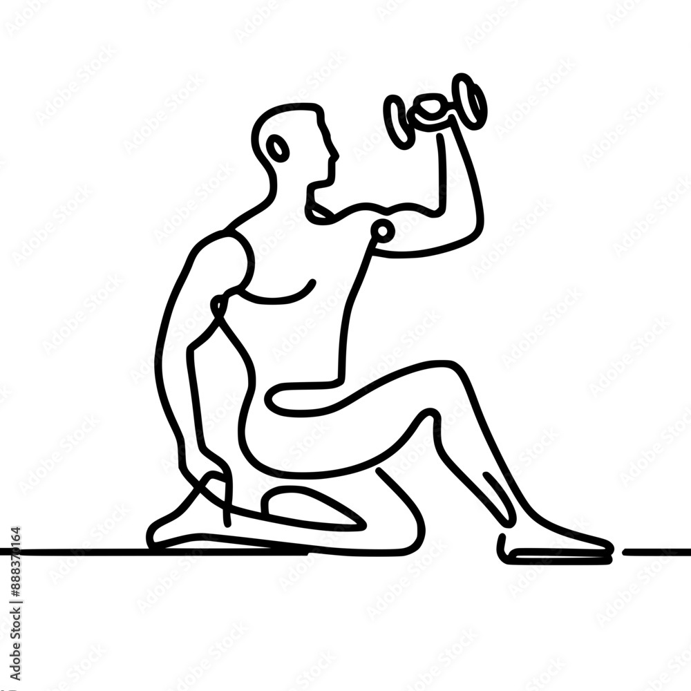 Wall mural one line vector drawing of an athletic man doing a dumbbell exercise while sitting on the floor, sho