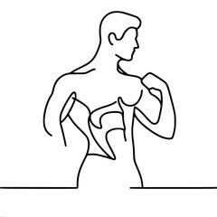 Fototapeta premium single line vector drawing of a muscular male figure in a pose showing strength, with emphasis on defining the upper body, one arm