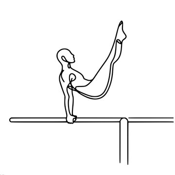 single line vector drawing of a man doing push-ups on parallel bars with his feet up, showing strength and balance