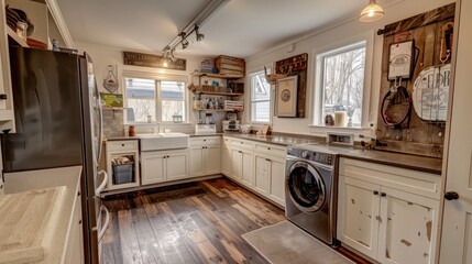 Fototapeta premium suburban farmhouse with a spacious laundry room, featuring antique washboards as decor, modern appliances, and ample natural light