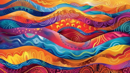 A stunning abstract art piece featuring flowing, multicolored waveforms and intricate patterns, creating a vibrant and dynamic visual effect perfect for modern artistic expression.