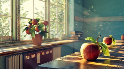 Sunlight streams into a cozy classroom where apples rest on a desk alongside books and plants, creating an inviting space for learning and growth, symbolizing knowledge and calm.