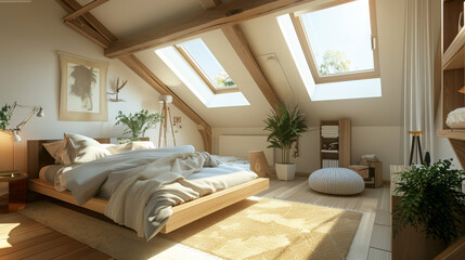 A Scandinavian-style bedroom interior featuring a skylight, allowing natural light to flood the space. The room is adorned with minimalist furniture, soft textiles, and a calming color palette