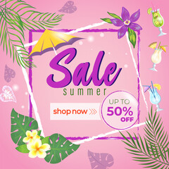 Banner for summer sale. Flowers, tropical palm leaves. Cocktails. Bright vector illustration design. EPS 10
