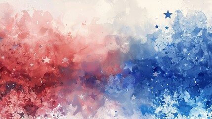 Obraz premium A vibrant watercolor background showcases a smooth blend of red and blue hues, elegantly highlighted by scattered white star accents for a striking appearance.