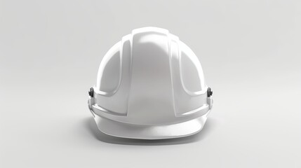 Fototapeta premium A sleek white hard hat is displayed from a side perspective on a simple gray background, perfect for construction or industrial-themed stock photography.