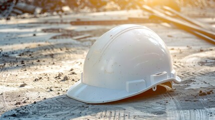 A dirty white hard hat lies discarded on the ground at an outdoor construction site, captured in the warm glow of sunset, symbolizing hard work and progress.