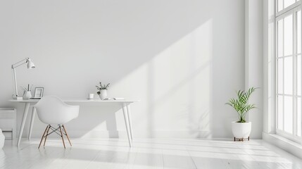 A minimalistic workspace that includes a white desk, a contemporary chair, and subtle decor, all illuminated by natural light pouring in through large, adjacent windows.