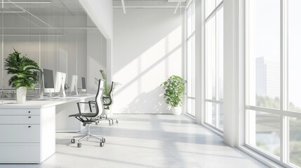 A bright, modern office setting featuring large windows allowing natural light and decorated with plants, creating a fresh and productive environment.