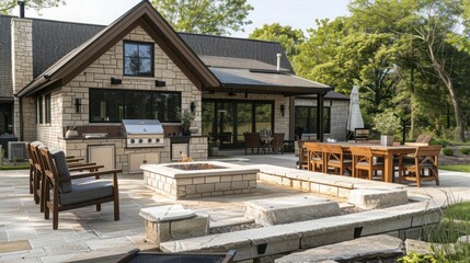 suburban farmhouse with an outdoor stone patio, complete with a built-in grill, fire pit, and rustic wooden furniture