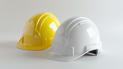 Fototapeta premium Two construction helmets, one yellow and one white, placed indoors on a white surface, illustrating safety regulations and protective gear used in construction professions.