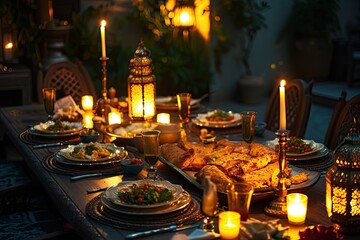 , intimate iftar meal for couple, featuring warm candlelight and an array of delectable dishes