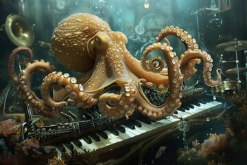 an octopus is playing drums in a room, octopus playing various musical instruments underwater