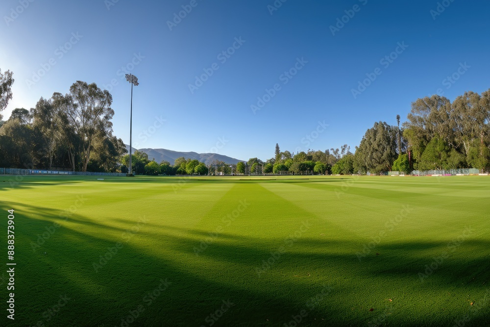 Poster a green field with trees and a blue sky, panoramic view of large, well-maintained cricket field